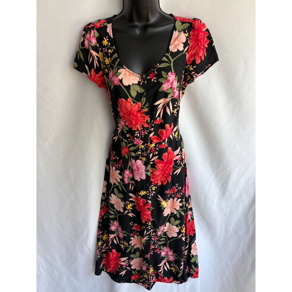 Old Navy Floral Midi Dress Black Red Size XS Button Front Prairie Cottagecore